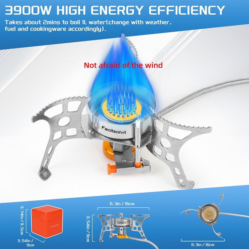 Facitsolvit 3900W Portable Windproof Camping Stove Gas Cooking Burner, Lightweight Propane Burners with Piezo Ignition and Carrying Bag for Outdoor Backpacking Picnic Hiking - Image 2